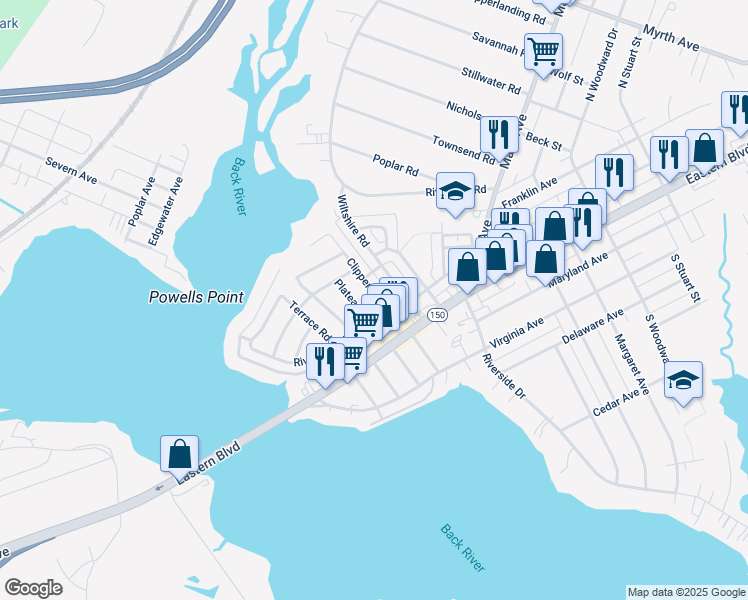 map of restaurants, bars, coffee shops, grocery stores, and more near 4 Clipper Road in Essex