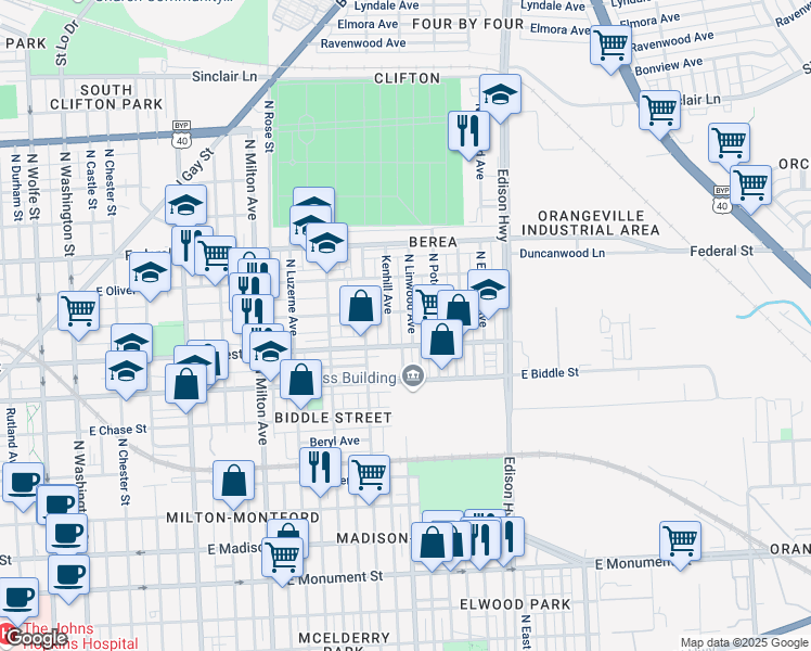 map of restaurants, bars, coffee shops, grocery stores, and more near 1318 North Linwood Avenue in Baltimore