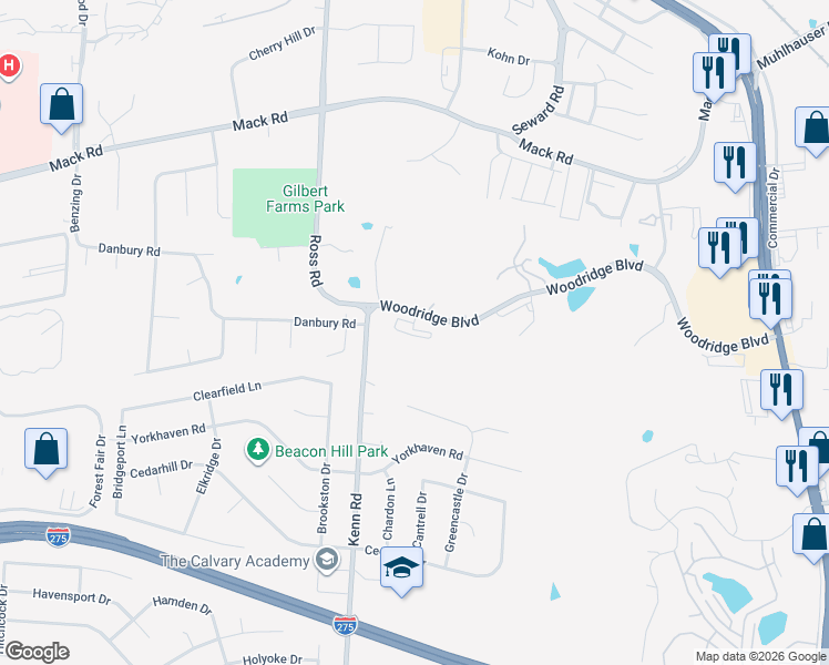 map of restaurants, bars, coffee shops, grocery stores, and more near 3533 Woodridge Boulevard in Fairfield