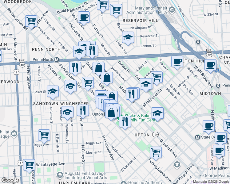 map of restaurants, bars, coffee shops, grocery stores, and more near Druid Hill Ave & Robert St in Baltimore