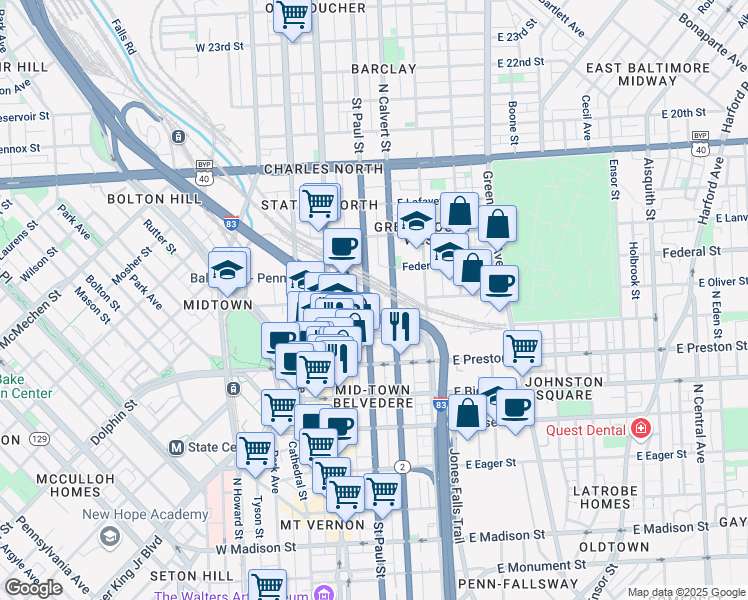 map of restaurants, bars, coffee shops, grocery stores, and more near 1501 Saint Paul Street in Baltimore