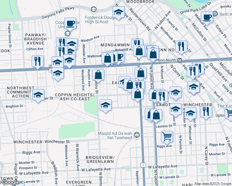 map of restaurants, bars, coffee shops, grocery stores, and more near 1604 North Pulaski Street in Baltimore