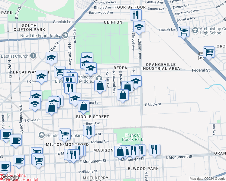 map of restaurants, bars, coffee shops, grocery stores, and more near 1320 North Linwood Avenue in Baltimore