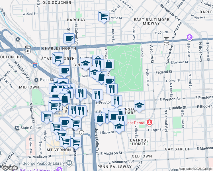 map of restaurants, bars, coffee shops, grocery stores, and more near 419 East Oliver Street in Baltimore