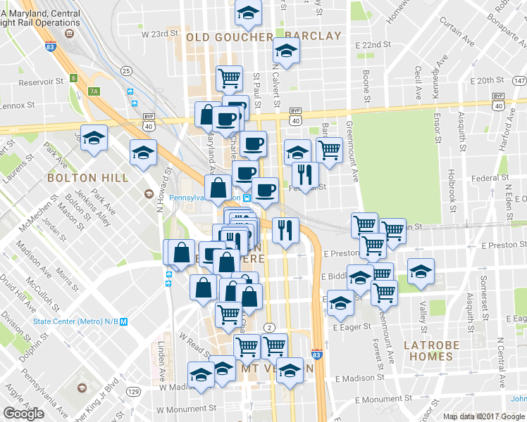 map of restaurants, bars, coffee shops, grocery stores, and more near 1501 St Paul St in Baltimore
