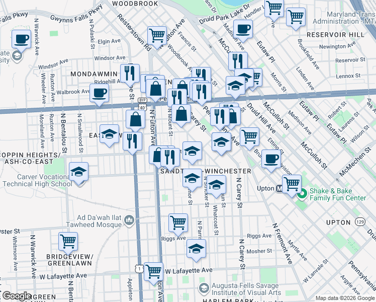 map of restaurants, bars, coffee shops, grocery stores, and more near Baker Street & North Gilmor Street in Baltimore