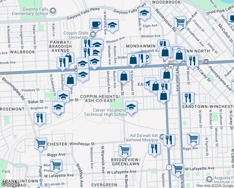 map of restaurants, bars, coffee shops, grocery stores, and more near 1615 Ruxton Avenue in Baltimore