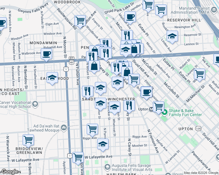 map of restaurants, bars, coffee shops, grocery stores, and more near 1635 North Calhoun Street in Baltimore