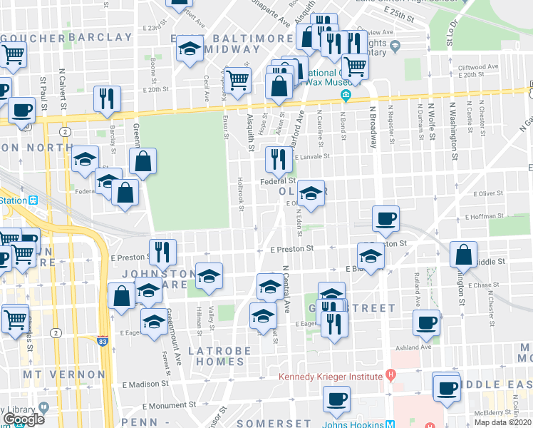 map of restaurants, bars, coffee shops, grocery stores, and more near 1425 Townway in Baltimore