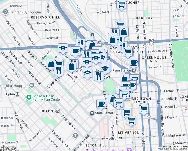 map of restaurants, bars, coffee shops, grocery stores, and more near 140 West Lanvale Street in Baltimore