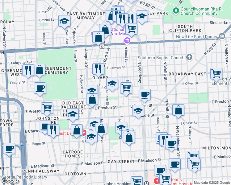 map of restaurants, bars, coffee shops, grocery stores, and more near 1400 North Caroline Street in Baltimore