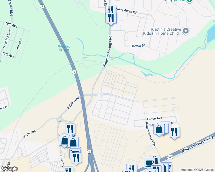 map of restaurants, bars, coffee shops, grocery stores, and more near 55 Rolling Branch Drive in Ranson