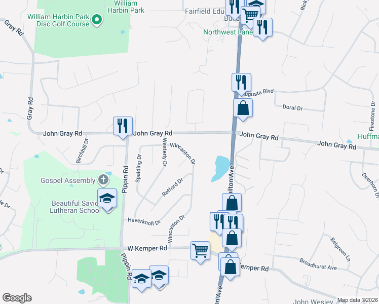 map of restaurants, bars, coffee shops, grocery stores, and more near 2451 John Gray Road in Cincinnati