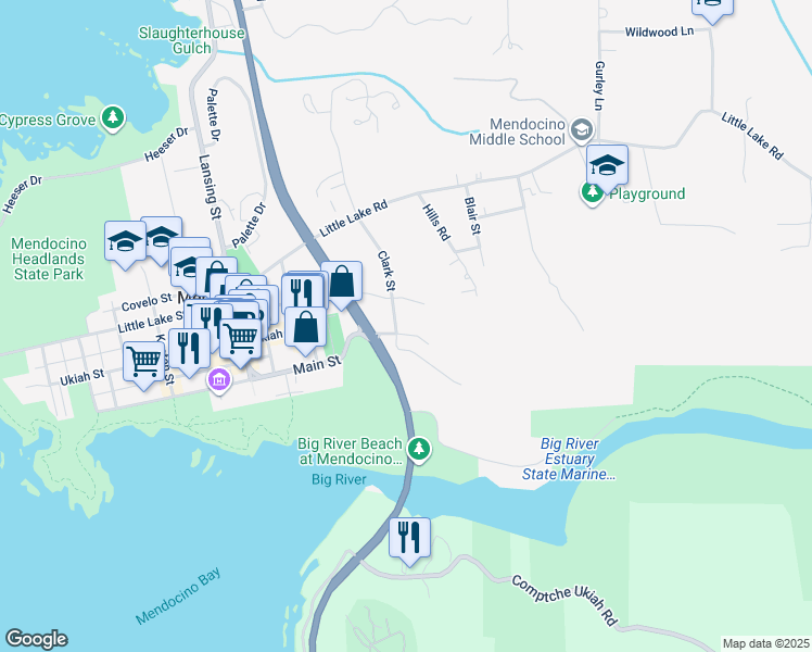 map of restaurants, bars, coffee shops, grocery stores, and more near 44700 Jackson Street in Mendocino