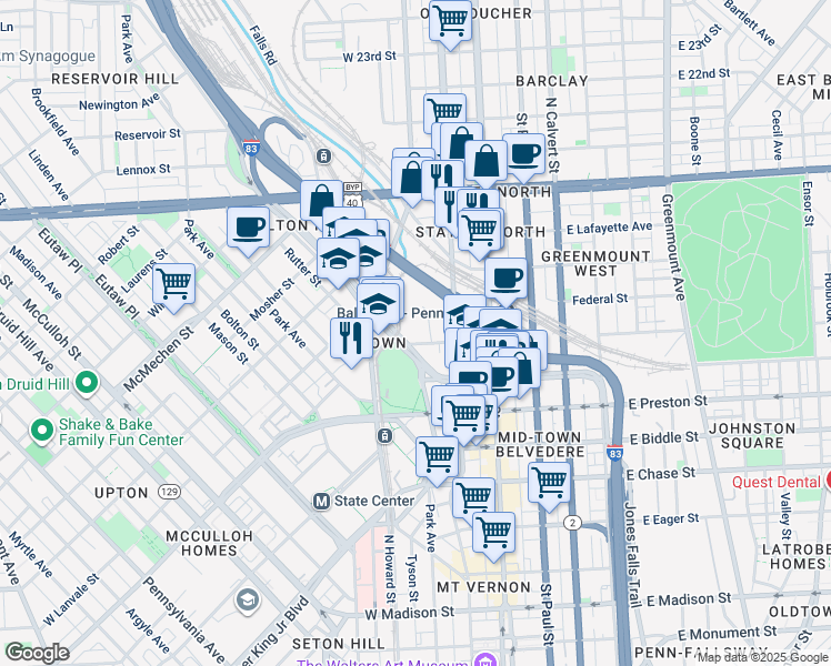 map of restaurants, bars, coffee shops, grocery stores, and more near 1201 West Mount Royal Avenue in Baltimore