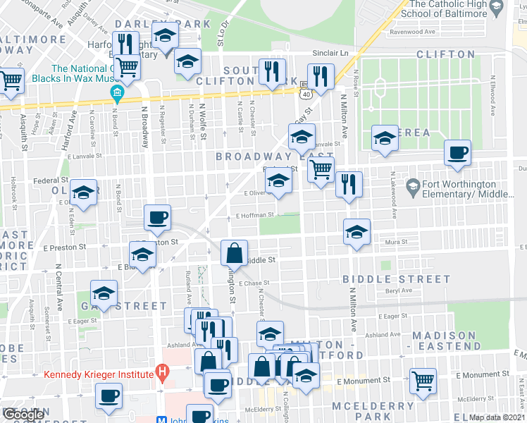 map of restaurants, bars, coffee shops, grocery stores, and more near 2110 East Hoffman Street in Baltimore