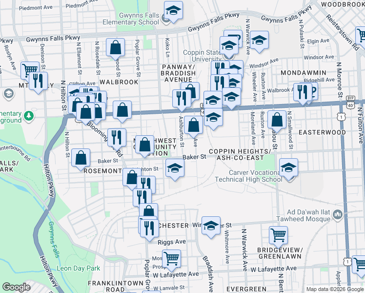map of restaurants, bars, coffee shops, grocery stores, and more near 1633 Ashburton St in Baltimore