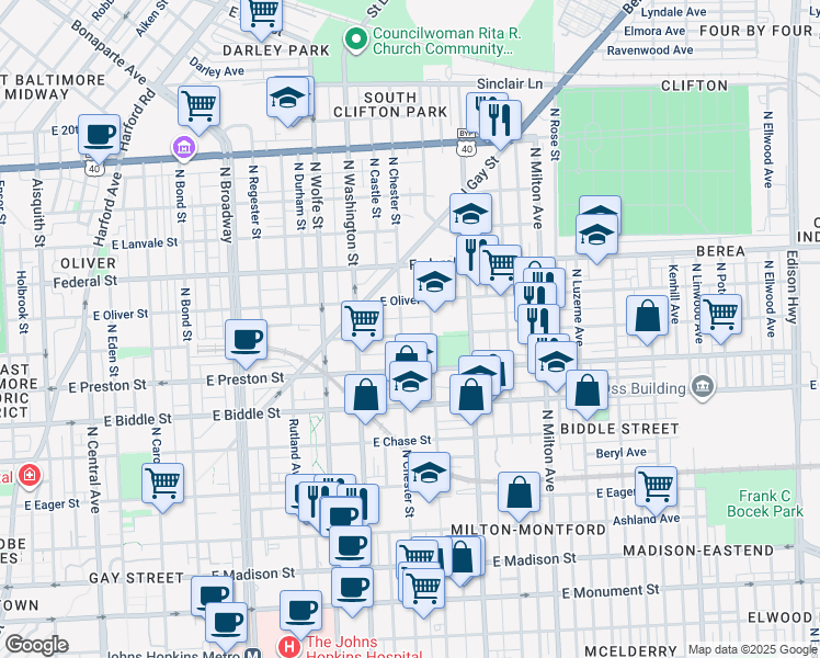 map of restaurants, bars, coffee shops, grocery stores, and more near 2110 East Hoffman Street in Baltimore