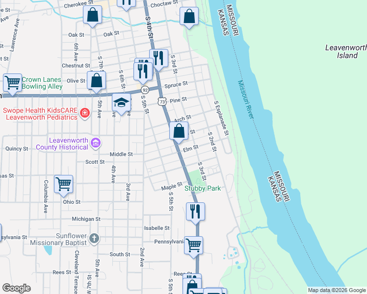 map of restaurants, bars, coffee shops, grocery stores, and more near 320 Elm Street in Leavenworth