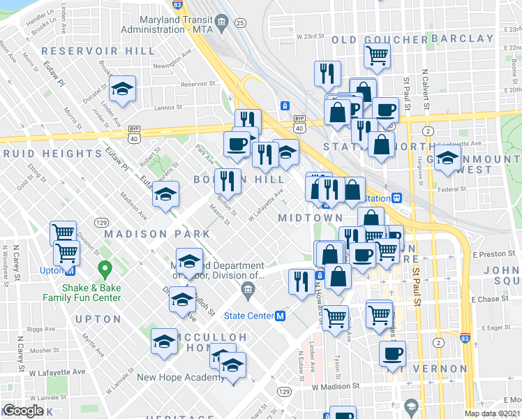 map of restaurants, bars, coffee shops, grocery stores, and more near W Lafayette Ave & Park Ave in Baltimore