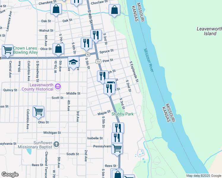 map of restaurants, bars, coffee shops, grocery stores, and more near 320 Elm Street in Leavenworth