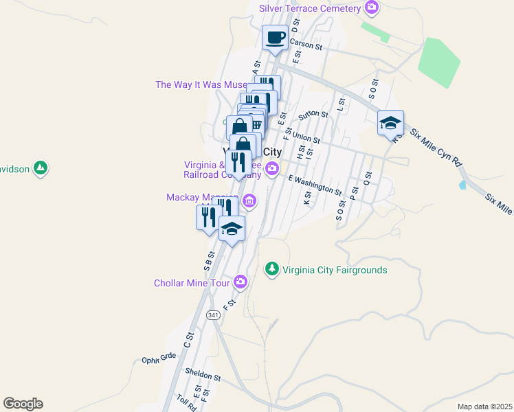 map of restaurants, bars, coffee shops, grocery stores, and more near 100 F Street in Virginia City
