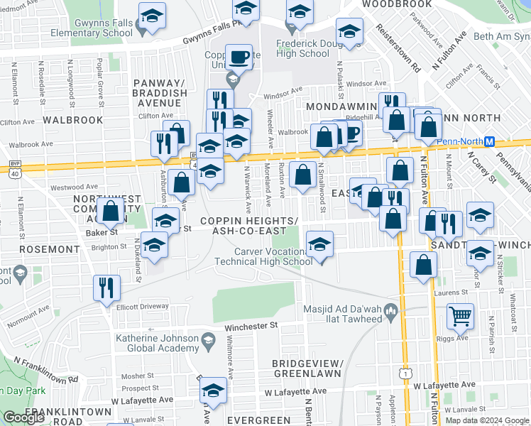 map of restaurants, bars, coffee shops, grocery stores, and more near 1624 Moreland Avenue in Baltimore