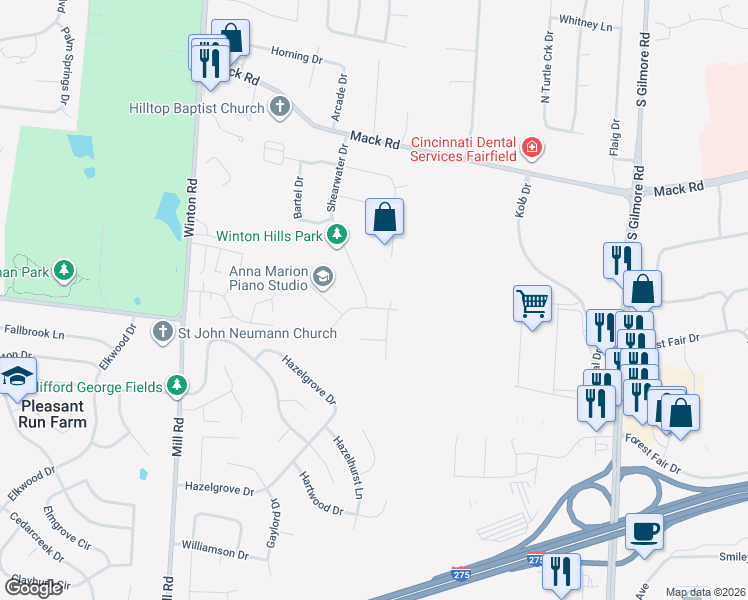map of restaurants, bars, coffee shops, grocery stores, and more near 6316 Shearwater Drive in Fairfield