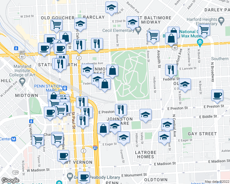 map of restaurants, bars, coffee shops, grocery stores, and more near E Oliver St & Greenmount Ave in Baltimore