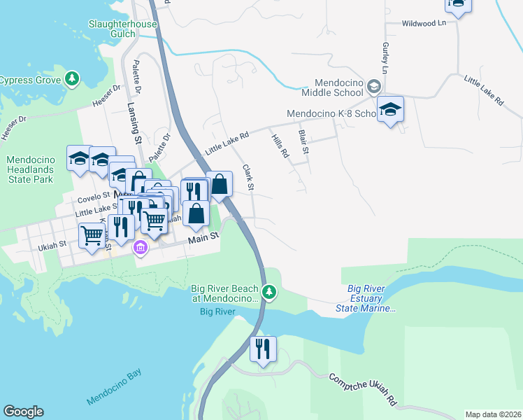 map of restaurants, bars, coffee shops, grocery stores, and more near 44700 Jackson Street in Mendocino