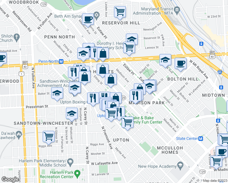 map of restaurants, bars, coffee shops, grocery stores, and more near 1920 Druid Hill Avenue in Baltimore