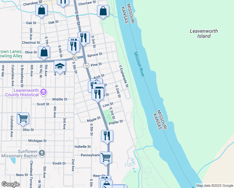 map of restaurants, bars, coffee shops, grocery stores, and more near 201 Elm Street in Leavenworth