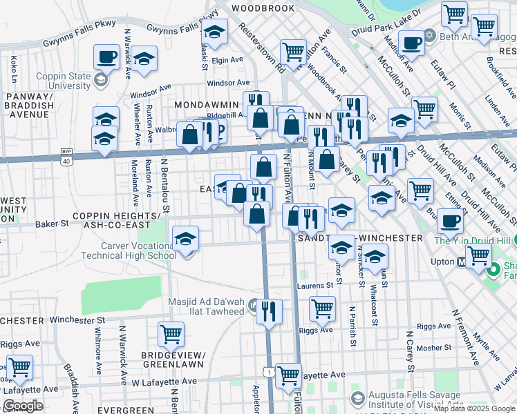 map of restaurants, bars, coffee shops, grocery stores, and more near 1612 North Monroe Street in Baltimore