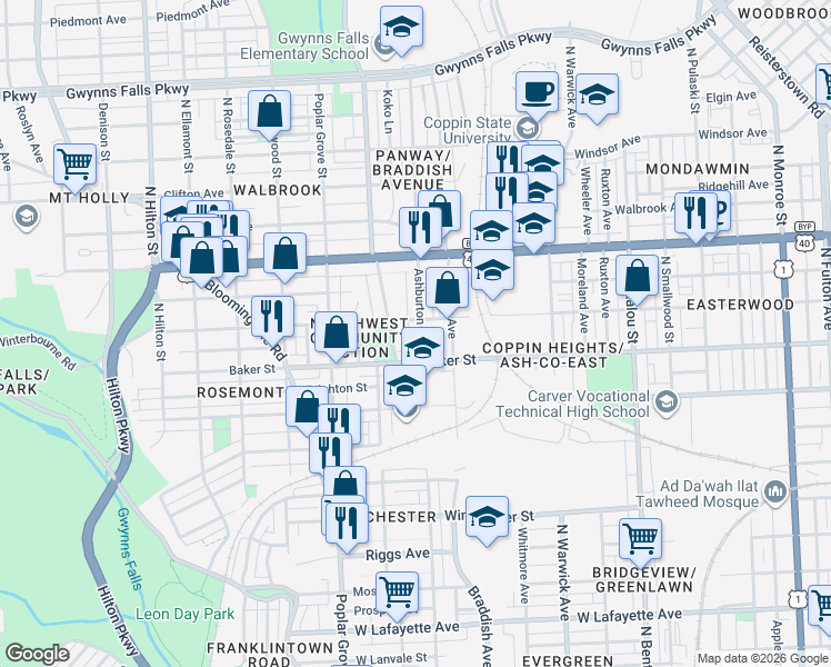 map of restaurants, bars, coffee shops, grocery stores, and more near 1640 Ashburton Street in Baltimore