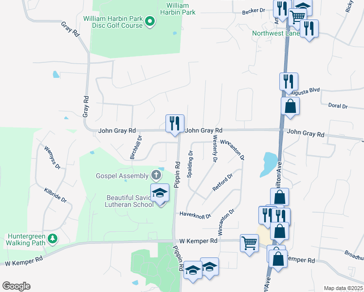map of restaurants, bars, coffee shops, grocery stores, and more near 12154 Pippin Road in Cincinnati