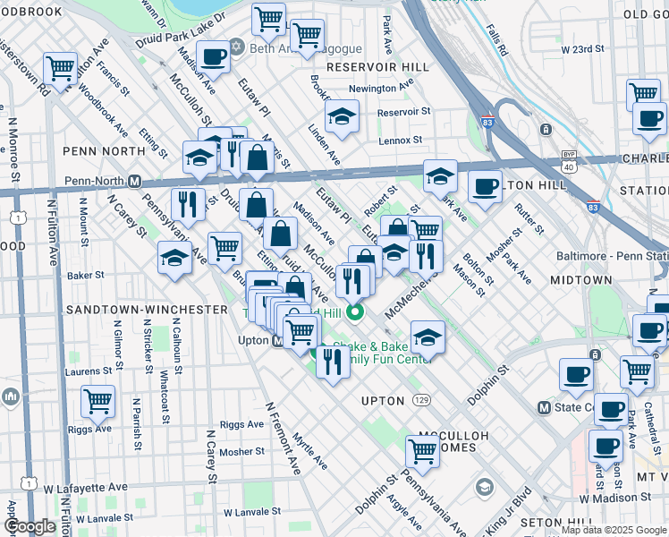 map of restaurants, bars, coffee shops, grocery stores, and more near 1811 McCulloh Street in Baltimore
