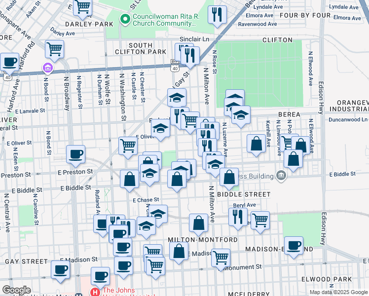 map of restaurants, bars, coffee shops, grocery stores, and more near 2308 East Hoffman Street in Baltimore