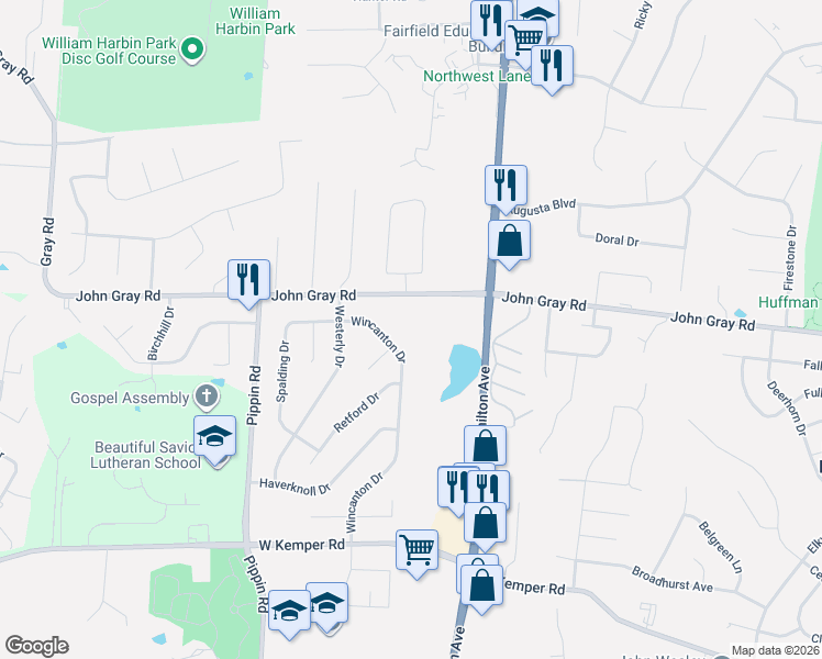 map of restaurants, bars, coffee shops, grocery stores, and more near 2451 John Gray Road in Cincinnati