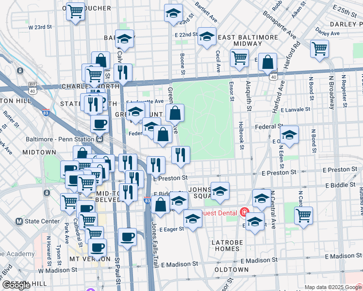 map of restaurants, bars, coffee shops, grocery stores, and more near 1501 Greenmount Avenue in Baltimore