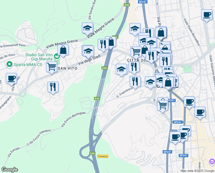map of restaurants, bars, coffee shops, grocery stores, and more near 4 Via Rita Pisani in Cosenza