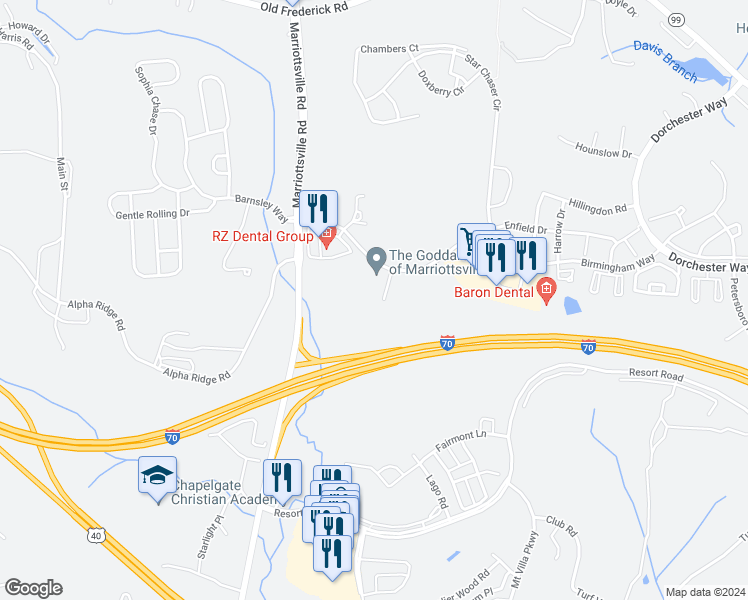 map of restaurants, bars, coffee shops, grocery stores, and more near 11275 Dovedale Court in Marriottsville