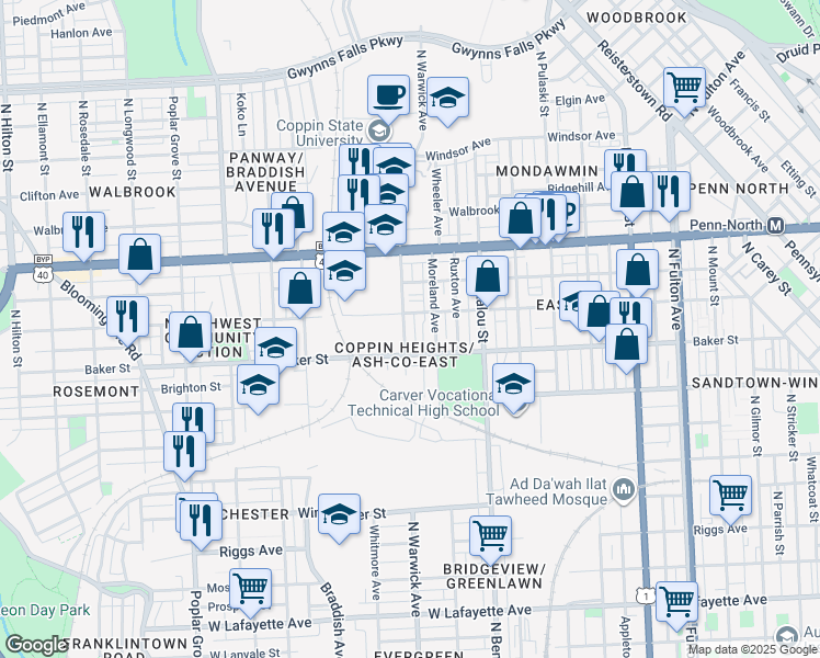map of restaurants, bars, coffee shops, grocery stores, and more near 1623 North Warwick Avenue in Baltimore