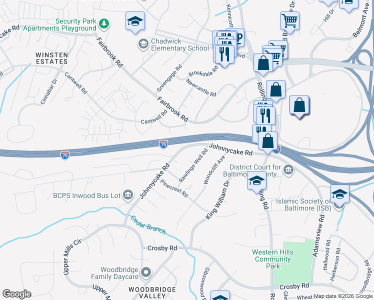 map of restaurants, bars, coffee shops, grocery stores, and more near 7213 Johnnycake Road in Catonsville