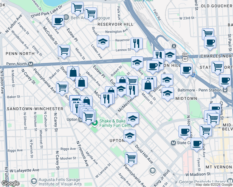 map of restaurants, bars, coffee shops, grocery stores, and more near 1708 Eutaw Place in Baltimore