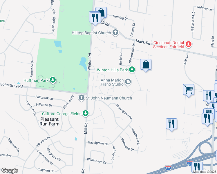 map of restaurants, bars, coffee shops, grocery stores, and more near 64 Twilight Drive in Fairfield