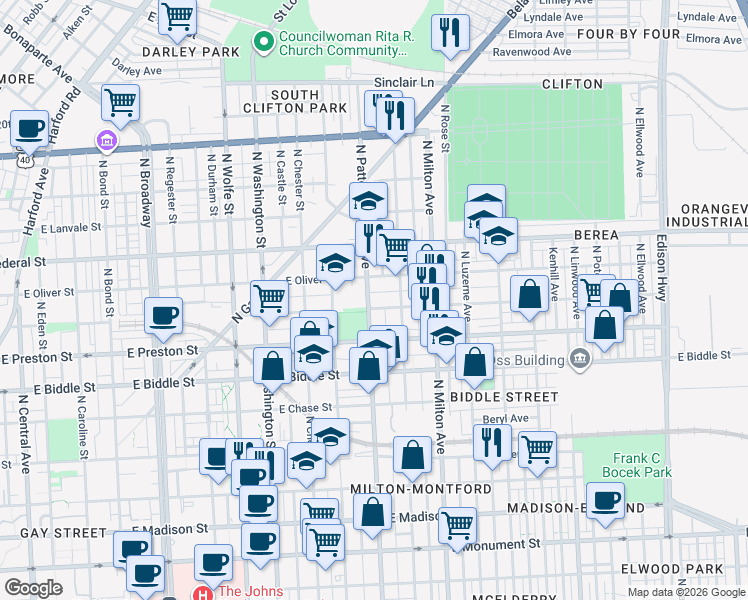 map of restaurants, bars, coffee shops, grocery stores, and more near 1411 North Patterson Park Avenue in Baltimore
