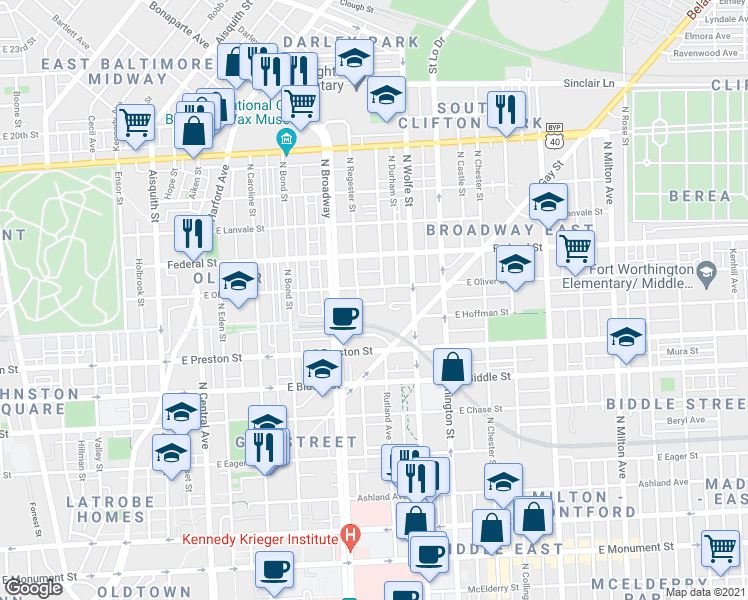 map of restaurants, bars, coffee shops, grocery stores, and more near 1748 Llewelyn Avenue in Baltimore