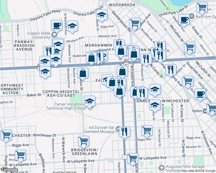 map of restaurants, bars, coffee shops, grocery stores, and more near 1600 North Payson Street in Baltimore