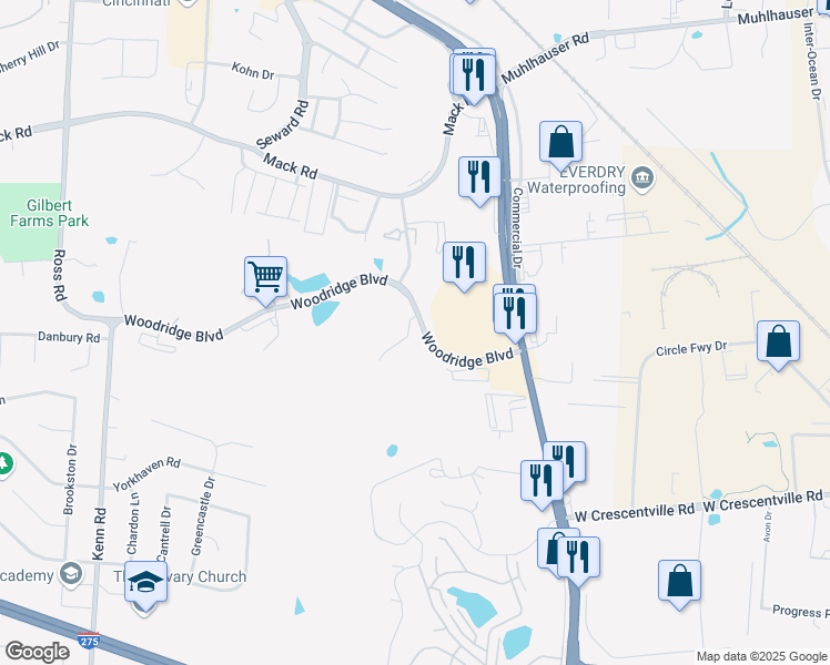 map of restaurants, bars, coffee shops, grocery stores, and more near 3977 Woodridge Boulevard in Fairfield