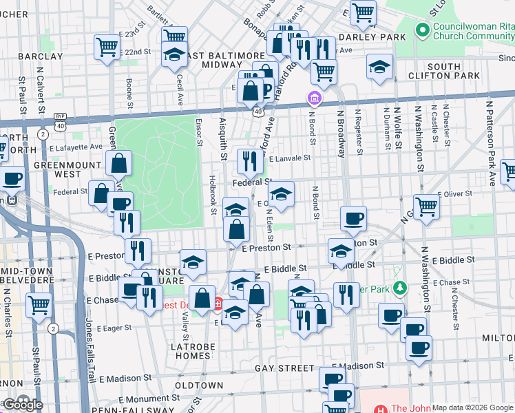 map of restaurants, bars, coffee shops, grocery stores, and more near 1441 North Central Avenue in Baltimore